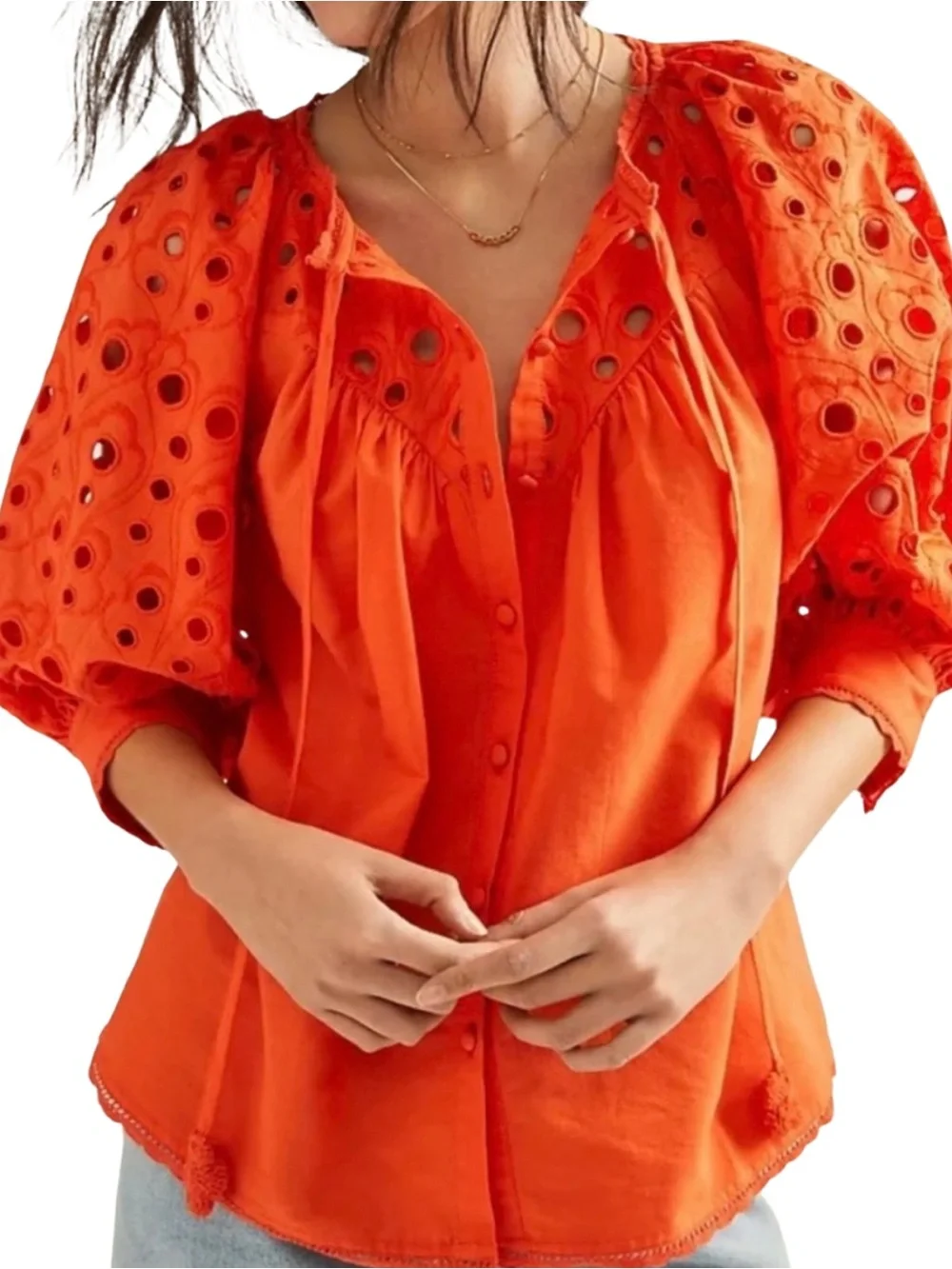 Anthropologie Orange Eyelet Peasant Blouse Size 1X Boho Cotton - Picture 2 of 10